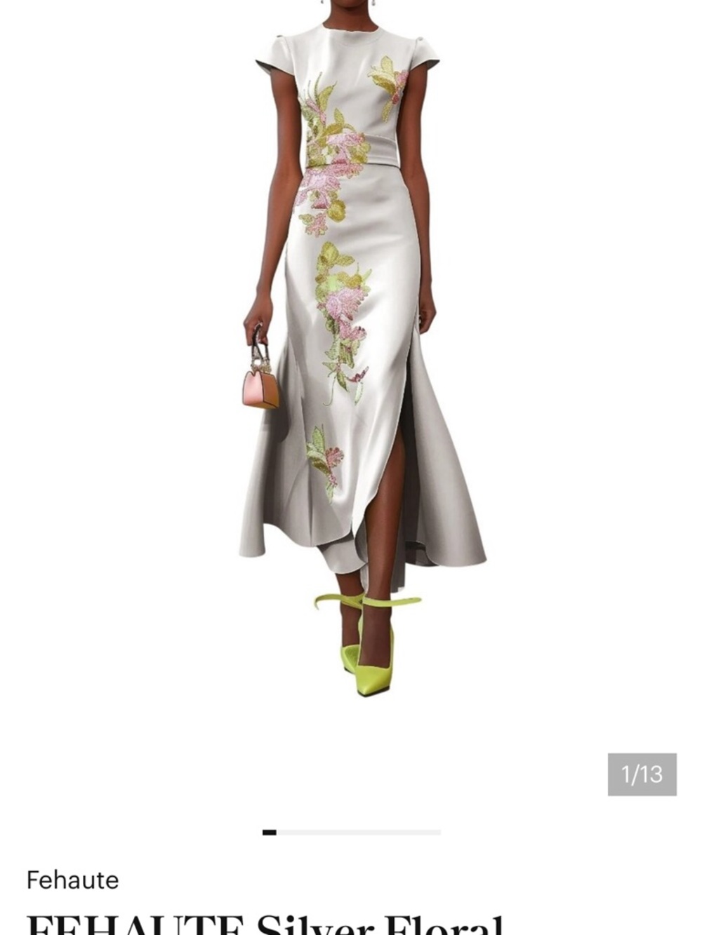 FEHAUTE Silver Floral Embroidered Cap Sleeve Slit A-Line Maxi Dress NWT